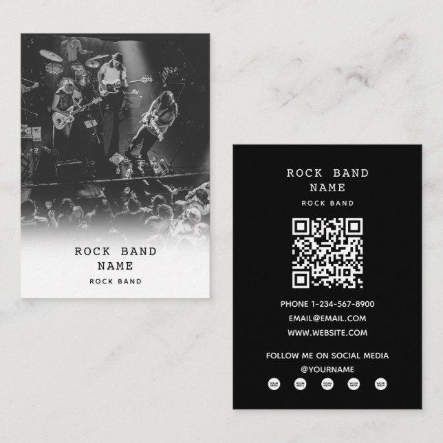 Tarjeta De Visita Músico de banda de rock moderna fotografía en blan (Anverso / Reverso)