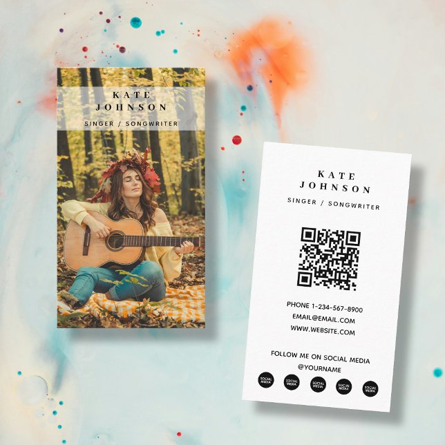 Tarjeta De Visita Músico de Boho Singer Foto de medios sociales Códi (Boho Singer Musician Photo Social Media QR Code Business Card)