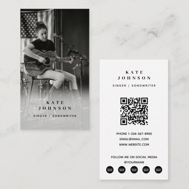 Tarjeta De Visita Músico de cantante foto Código QR blanco y negro (Anverso / Reverso)