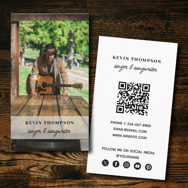 Tarjeta De Visita Músico de cantante Foto Social Media QR Código Scr (Singer Musician Photo Social Media QR Code Script Business Card)