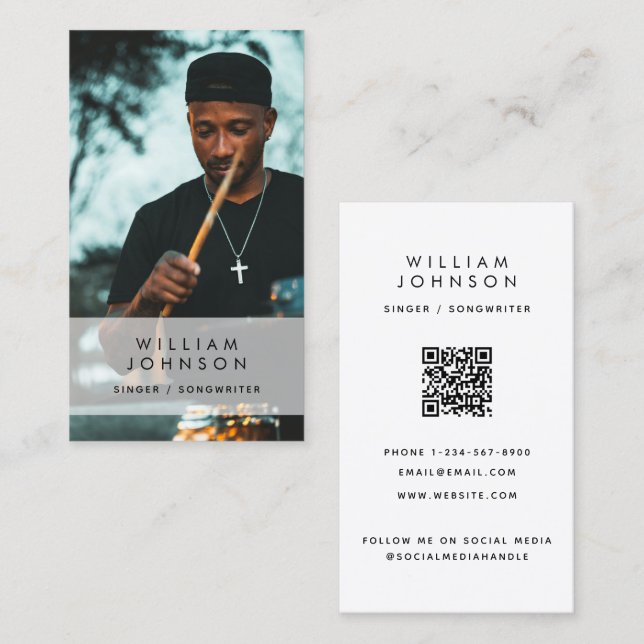 Tarjeta De Visita Músico de cantante fotografia tambor de medios soc (Anverso / Reverso)