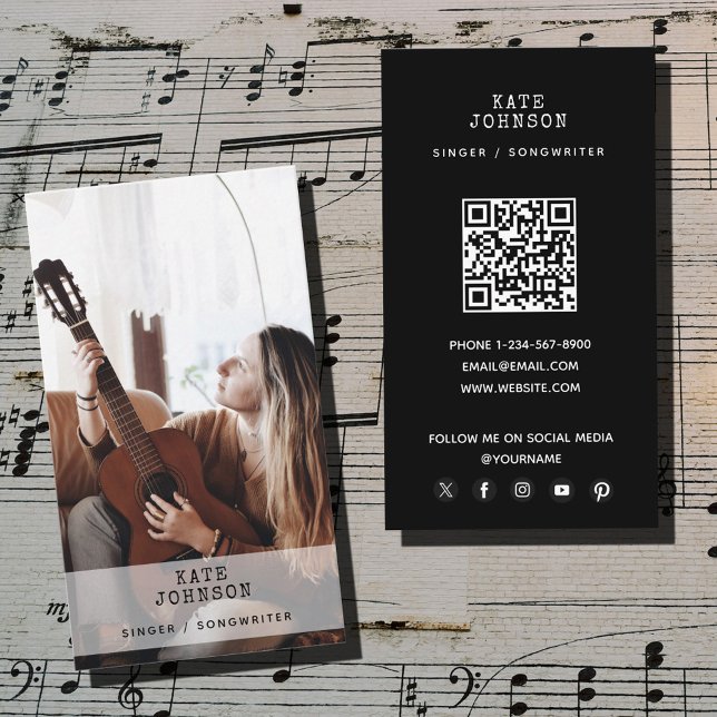 Tarjeta De Visita Músico de cantante retro foto moderna negro musica (Retro Singer Musician Photo Modern Musical Black Business Card)