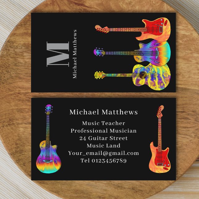 Tarjeta De Visita Músico de guitarra (Colorful guitar pattern on black music guitar teacher performer musician professional business card )