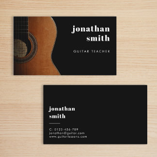 Tarjeta De Visita Músico de guitarra minimalista de estilo negro y b