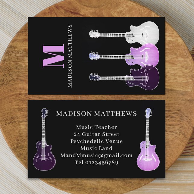 Tarjeta De Visita Músico de guitarra profesor de música rosado negro (Simple Guitar music teacher professional musician pink and black Business card Semi acoustic art)