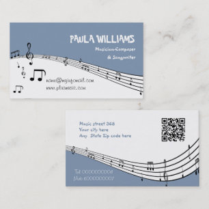 Tarjeta De Visita Músico música pentagrama y código QR azul polvorie