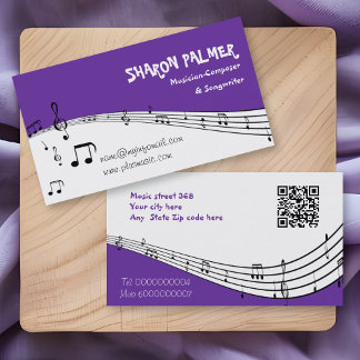 Tarjeta De Visita Músico música pentagrama y código QR púrpura