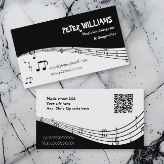 Tarjeta De Visita Músico personal de música y código QR negro