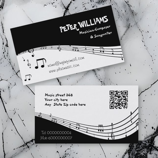 Tarjeta De Visita Músico personal de música y código QR negro (Subido por el creador)