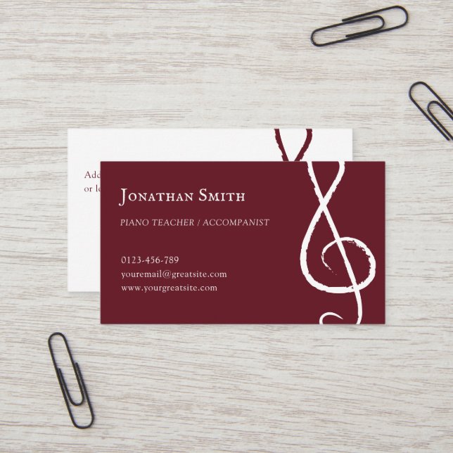 Tarjeta De Visita Músico profesional Treble Clef Modern Burgundy (Anverso/Reverso In Situ)