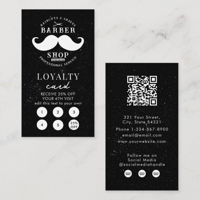 Tarjeta De Visita Mustache Barber Shop Hairstylist Loyalty Card (Anverso / Reverso)