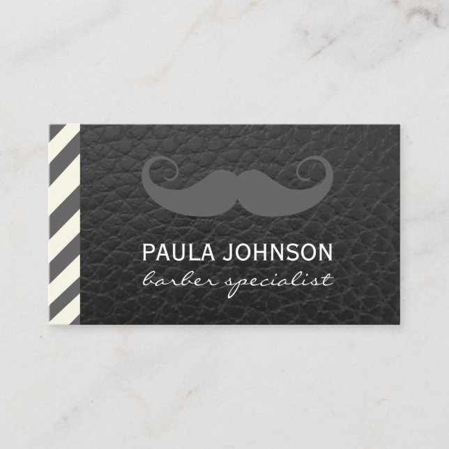 Tarjeta De Visita Mustache Barber Shop Polo cuero negro (Anverso)