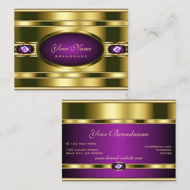Tarjeta De Visita Muy elegante morado y oro con Diamantes de imitaci (Anverso / Reverso)