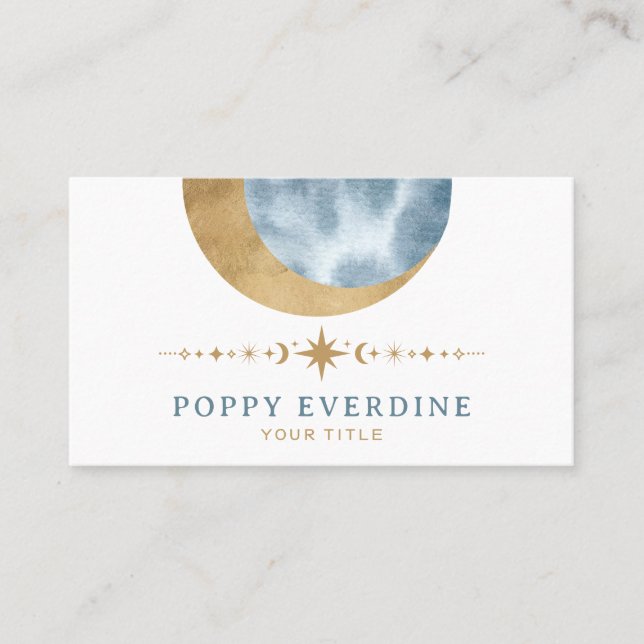 Tarjeta De Visita Mystic Moon Gold Stars Blue Stars Astrología Yoga (Anverso)