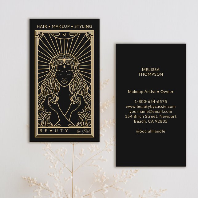 Tarjeta De Visita Mystic Tarot Makeup Hair Nails Monograma Oro Negro (tarot business card mystical goddess gold black makeup hair lashes psychic reiki healer)