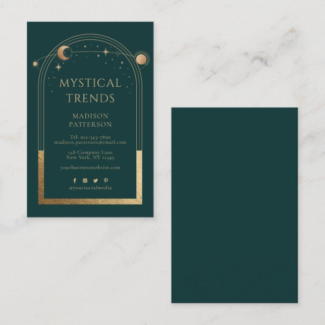 Tarjeta De Visita Mystical Green Gold Sun Moon Astronomy Space (Anverso / Reverso)