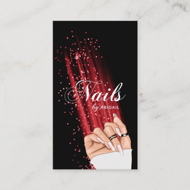 Tarjeta De Visita Nail Art Red Purpurina Elegante Script Código QR (Anverso)