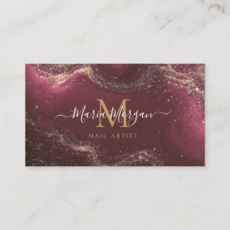 Tarjeta De Visita Nail Artist Burgundy Agate Gold Monogram