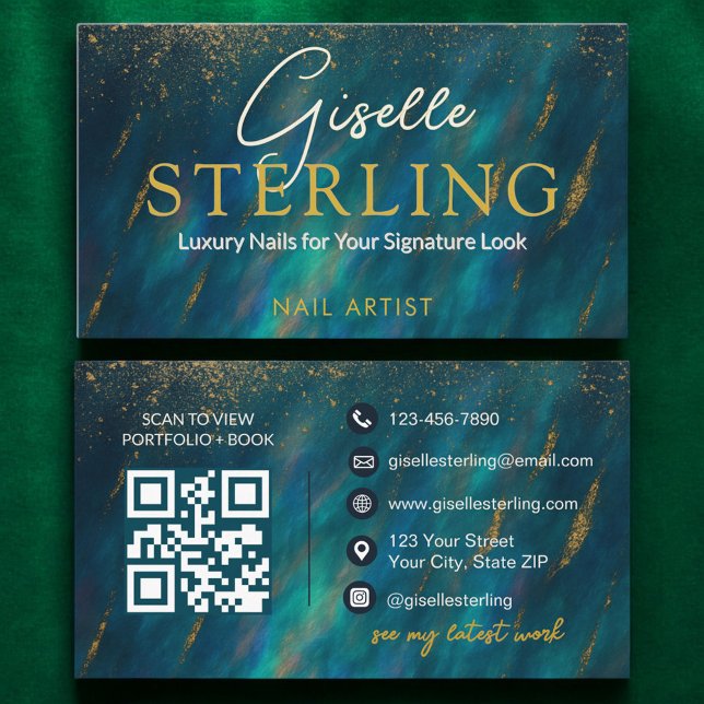 Tarjeta De Visita Nail Artist Dark Green Opal Stone QR Code (Subido por el creador)