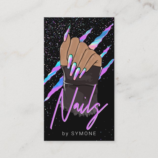 Tarjeta De Visita Nail Artist Holographic Modern Glam Business Card (Anverso)