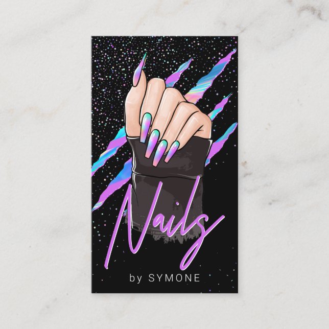 Tarjeta De Visita Nail Artist Holographic Modern Glam Business Card (Anverso)