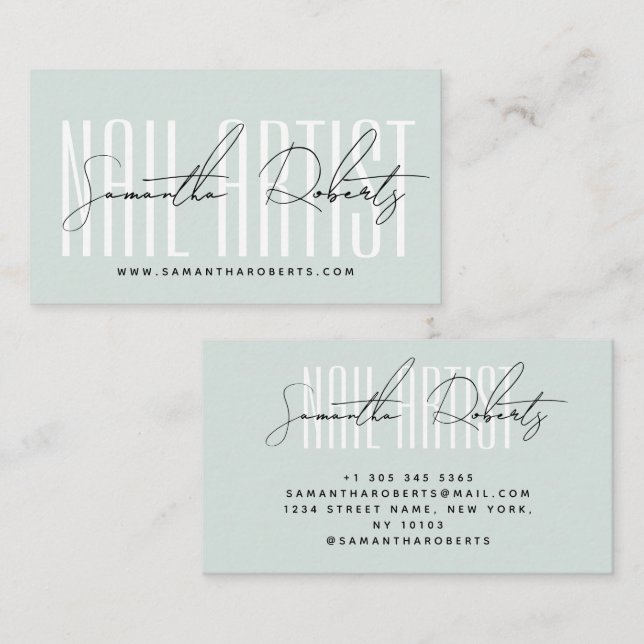 Tarjeta De Visita Nail artist modern typography script blue (Anverso / Reverso)