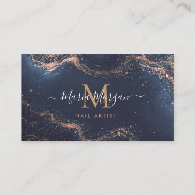 Tarjeta De Visita Nail Artist Navy Blue Agate Gold Monogram  (Anverso)