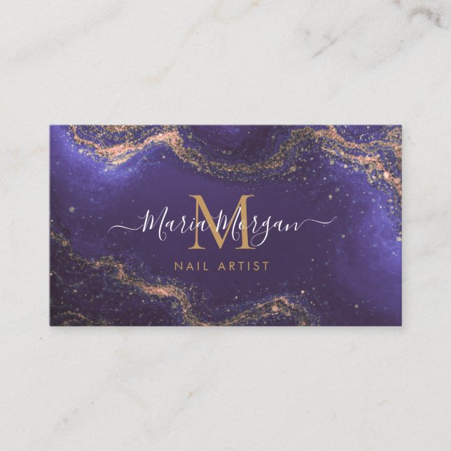Tarjeta De Visita Nail Artist Purple Agate Gold Monogram (Anverso)