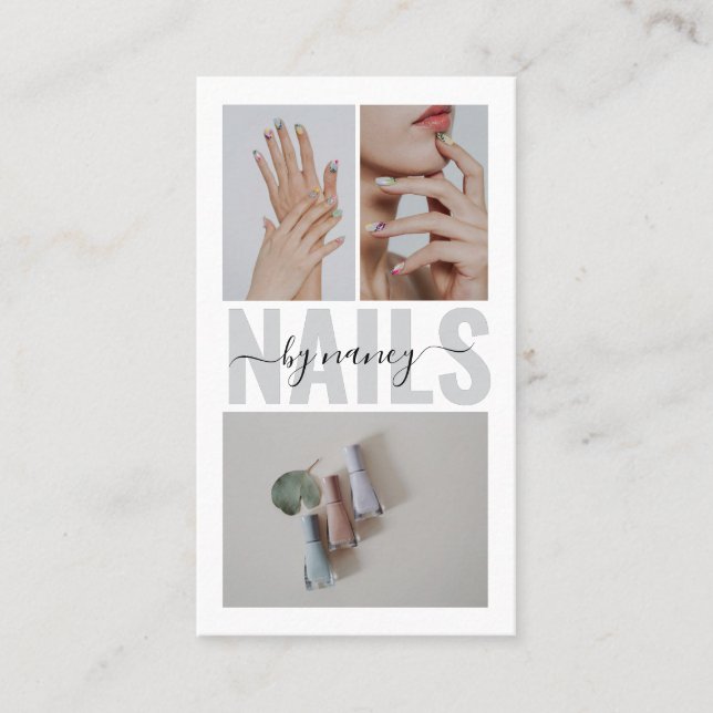 Tarjeta De Visita Nail Artist Qr Code Social Media 3 Photo Collage (Anverso)