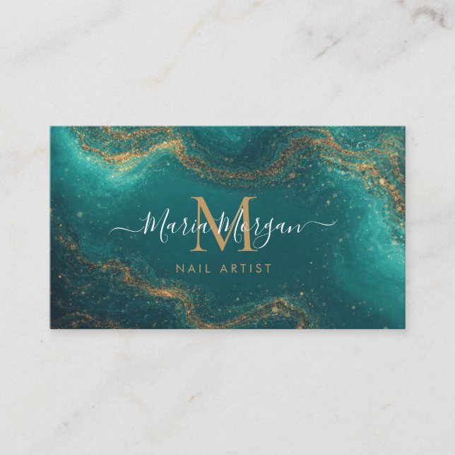 Tarjeta De Visita Nail Artist Turquoise Teal Agate Gold Monogram (Anverso)