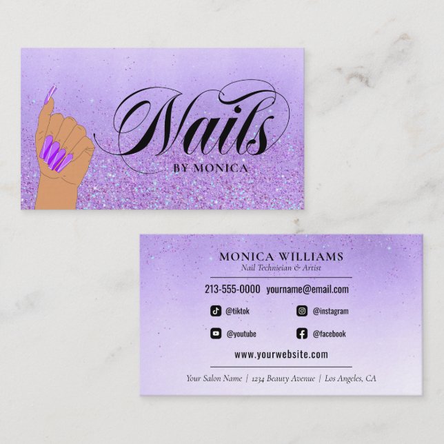 Tarjeta De Visita Nail Manicure Tech Purple Glam Purpurina Artista d (Anverso / Reverso)