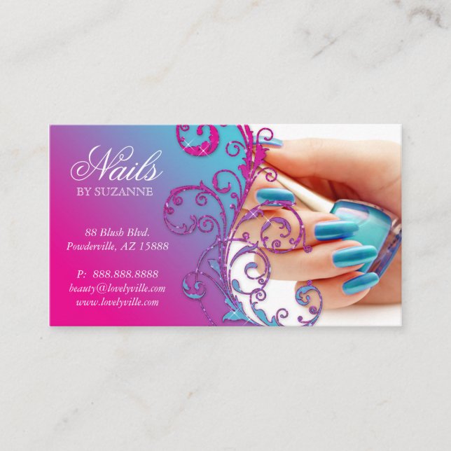 Tarjeta De Visita Nail Salon Business Card Purpurina Blue Pink (Anverso)