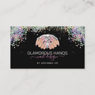 Tarjeta De Visita Nail Salon Diamond en mano Purpurina rosa Nail Tec