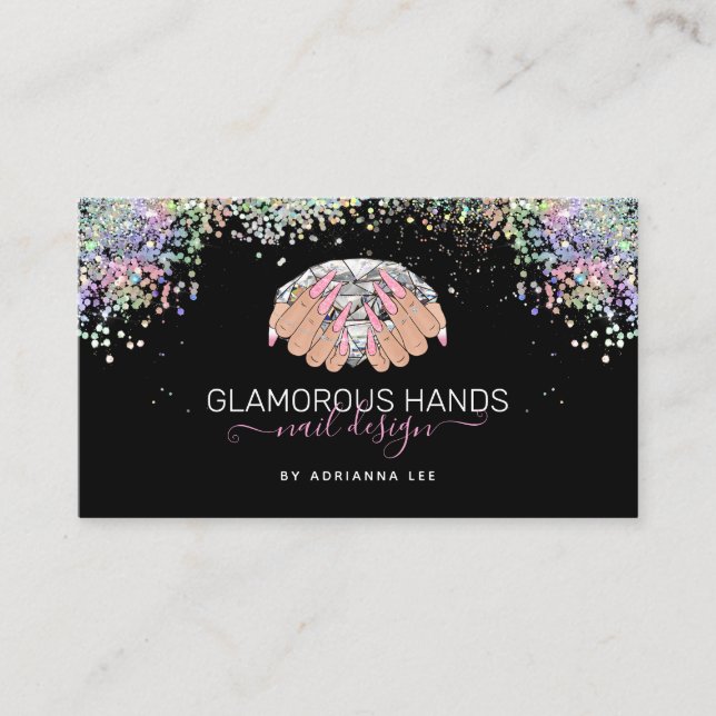 Tarjeta De Visita Nail Salon Diamond en mano Purpurina rosa Nail Tec (Anverso)