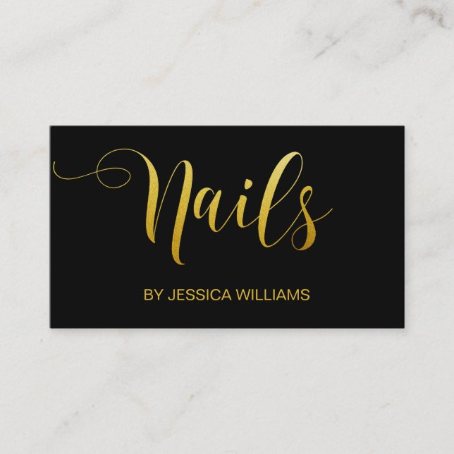 Tarjeta De Visita Nail Salon Gold Script Elegante Negro (Anverso)