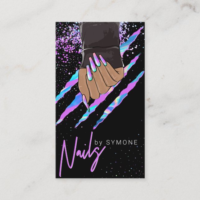 Tarjeta De Visita Nail Salon Holographic Moderno Glam Trendy Busines (Anverso)
