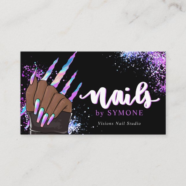 Tarjeta De Visita Nail Salon Holographic Purpurina Nail Tech Beauty (Anverso)