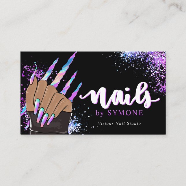 Tarjeta De Visita Nail Salon Holographic Purpurina Nail Tech Beauty (Anverso)