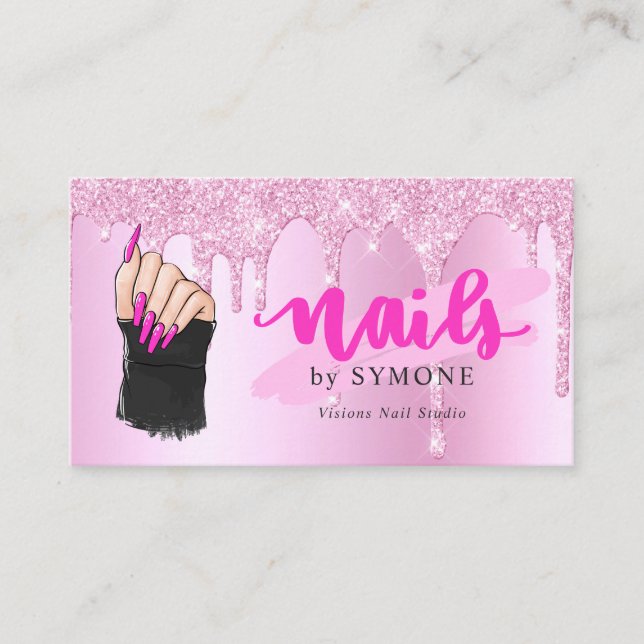 Tarjeta De Visita Nail Salon Pink Diamond Drin Purpurina de uñas Tec (Anverso)