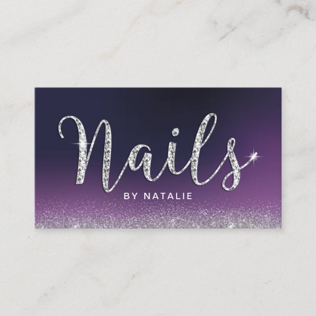 Tarjeta De Visita Nail Salon Purple Luxury Diamond Typography (Anverso)
