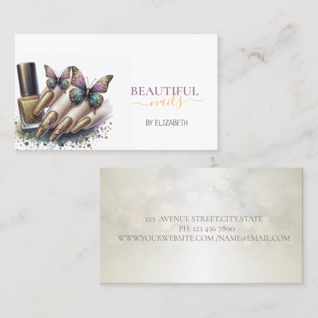 Tarjeta De Visita Nail Salon Woman Hand Nails Butterfly (Anverso / Reverso)
