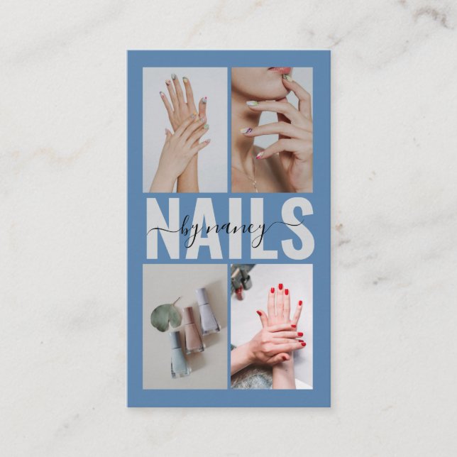 Tarjeta De Visita Nail Specialist Dusty Blue Qr Code Photo Collage  (Anverso)