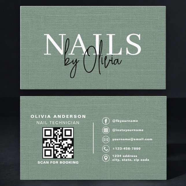 Tarjeta De Visita Nail Specialist Linen Sage Green QR Code   (Subido por el creador)