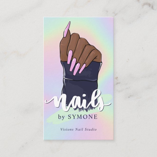 Tarjeta De Visita Nail Tech Artists Salón De Belleza Pastel Holográf (Anverso)