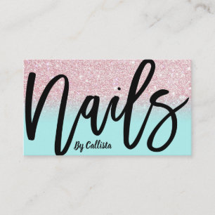 Tarjeta De Visita Nail Tech Girly Mint Purpurina rosa Ombre Typograf