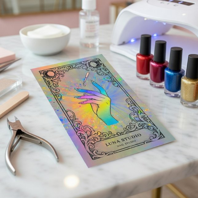 Tarjeta De Visita Nail Tech | Holographic Celestial Nail Studio (Subido por el creador)