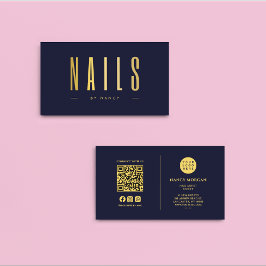 Tarjeta De Visita Nail Tech Manicurist QR Code Logotipo Naval & Gold