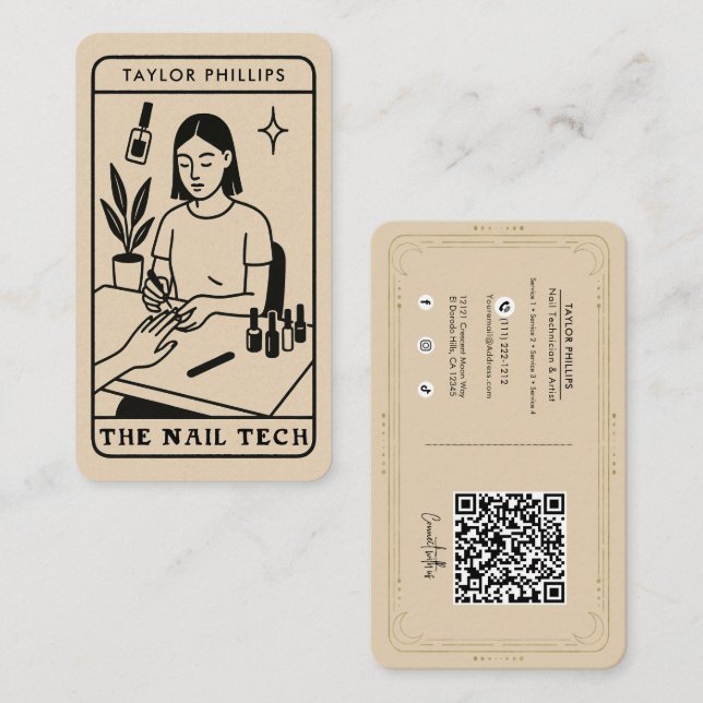 Tarjeta De Visita Nail Tech Mystical Tarot Social Media QR (Anverso / Reverso)