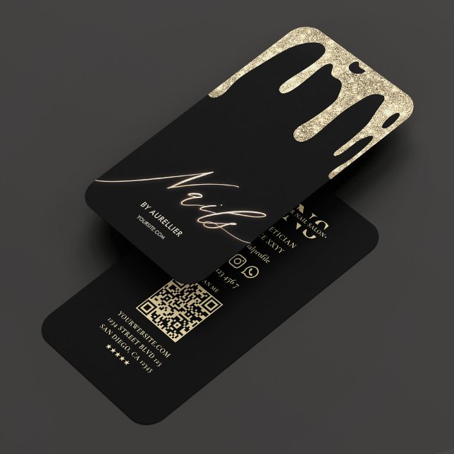 Tarjeta De Visita Nail Tech Nail Artista Black Gold Drip Modern (Nail Tech Nail Artist Black Gold Drip Modern Business Card
)