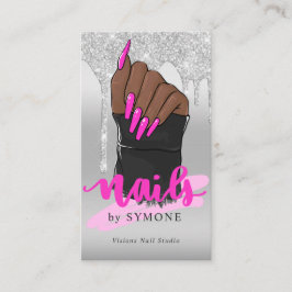 Tarjeta De Visita Nail Tech Nail Artista Salon Silver Purpurina Drip